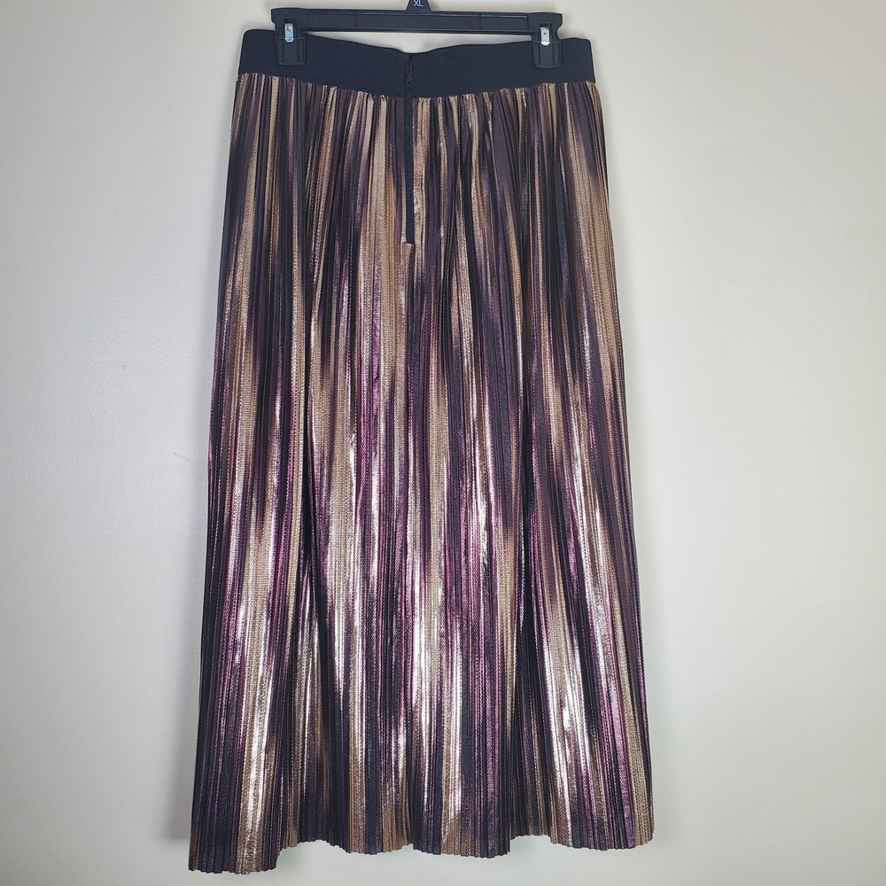 Alice And Olivia Mikaela Metallic Midi Pleated Skirt Gold Bronze Size 8 Lined - Picture 4 of 10